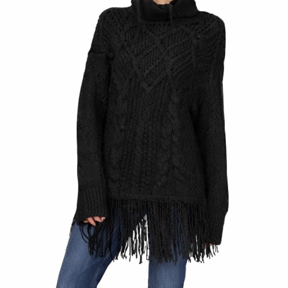VINCE CAMUTO TURTLENECK CABLE KNIT FRINGE BLACK LONG SWEATER SIZE MEDIUM